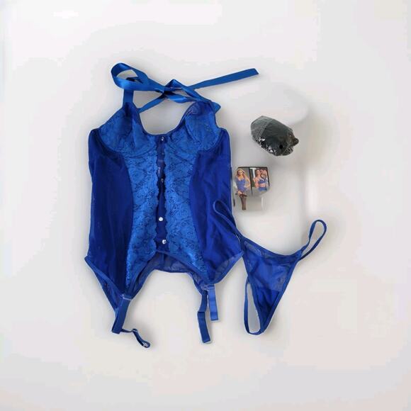 Y2k Escante Bustier Blue Mesh Corset G-String Stockings Set 3PC Coquette MED - Picture 9 of 9